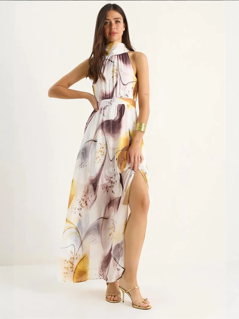 Bianco Lucci LUCCI Halter Neck Printed Maxi Dress with Slit