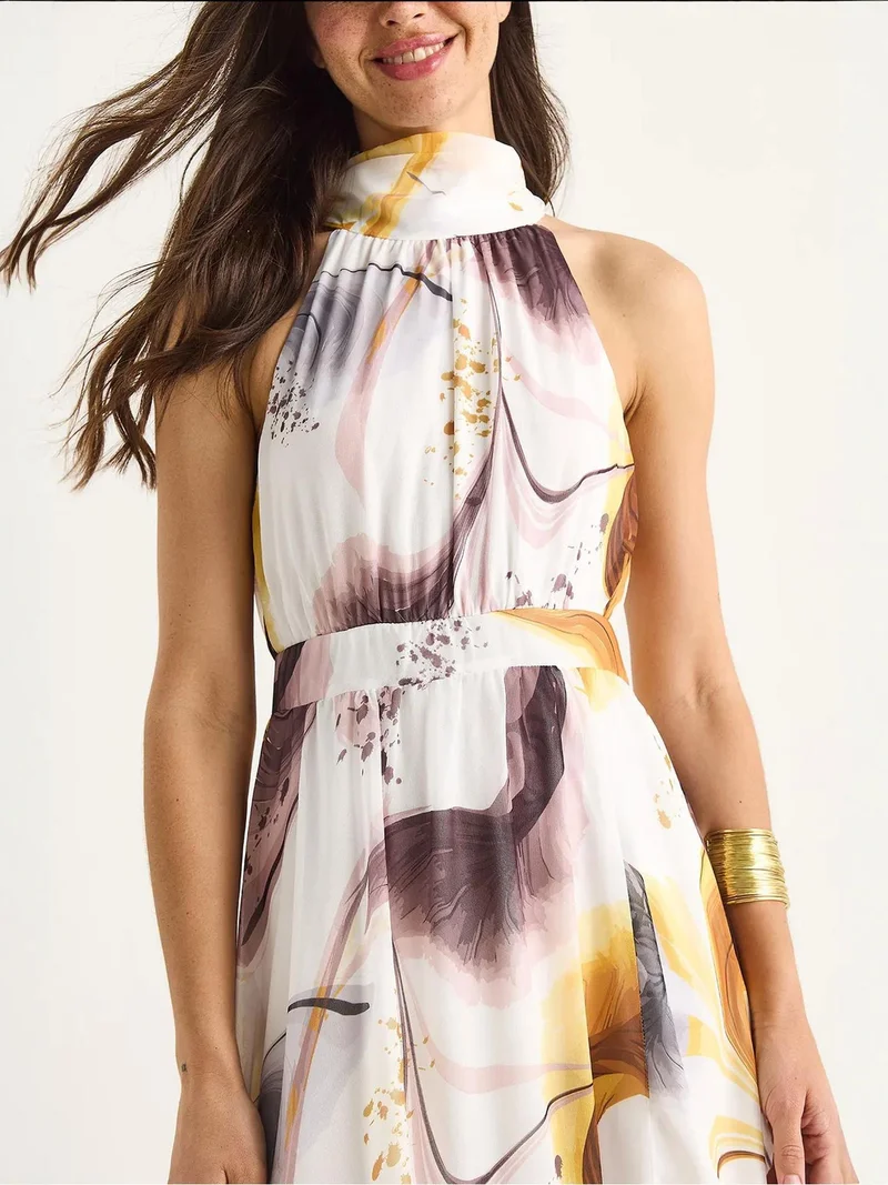 Bianco Lucci LUCCI Halter Neck Printed Maxi Dress with Slit