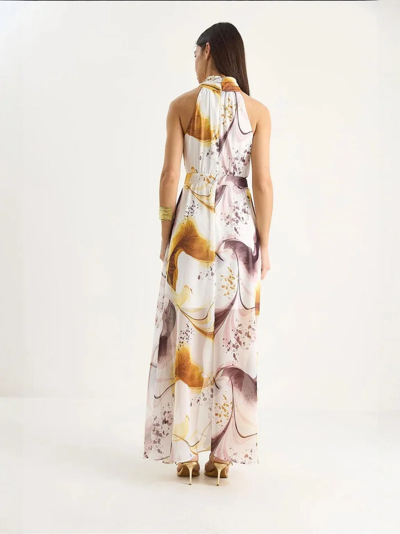 Bianco Lucci LUCCI Halter Neck Printed Maxi Dress with Slit