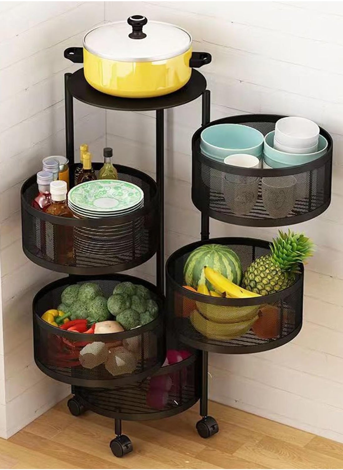 Fruit Vegetable Basket for Kitchen, 5 Tier Circular Rotating Basket Large Storage Rack with Wheels, Fruit and Vegetable Metal Wire Shelf with Top Lid for Living Room, Office, Black 