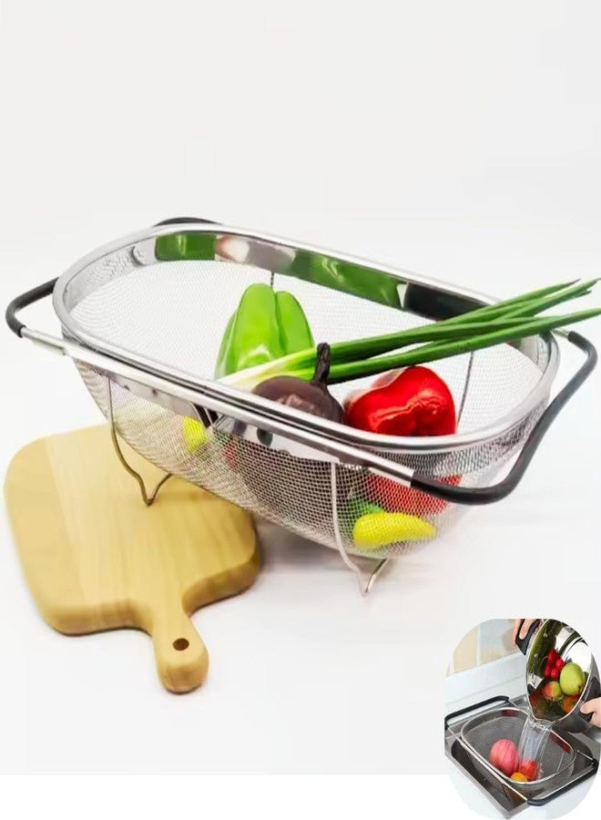 KRLZ Over The Sink Colander with Expandable Rubber Grip Handles - Fine Mesh Oval Strainer in Stainless Steel - Strain, Drain, Rinse Fruits and Vegetables - Dishwasher Safe - Image 1