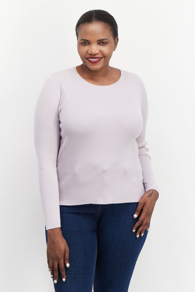 ESPRIT Women Round Neck Ribbed Long Sleeve Sweater, Lavender - Image 1