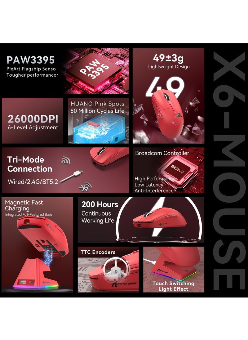 X6 Lightweight Wireless Gaming Mouse with 3 Mode Wired 2.4G BT5.2 Up to 26K DPI RGB Touch Magnetic Charging Base