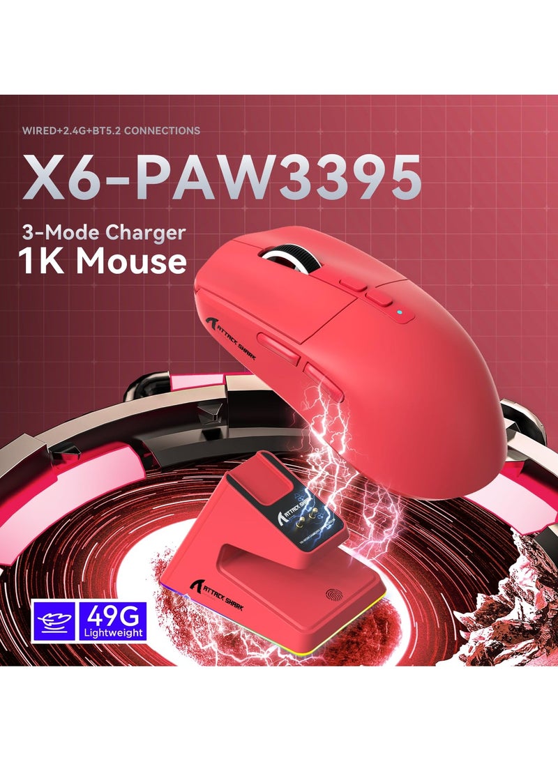 X6 Lightweight Wireless Gaming Mouse with 3 Mode Wired 2.4G BT5.2 Up to 26K DPI RGB Touch Magnetic Charging Base