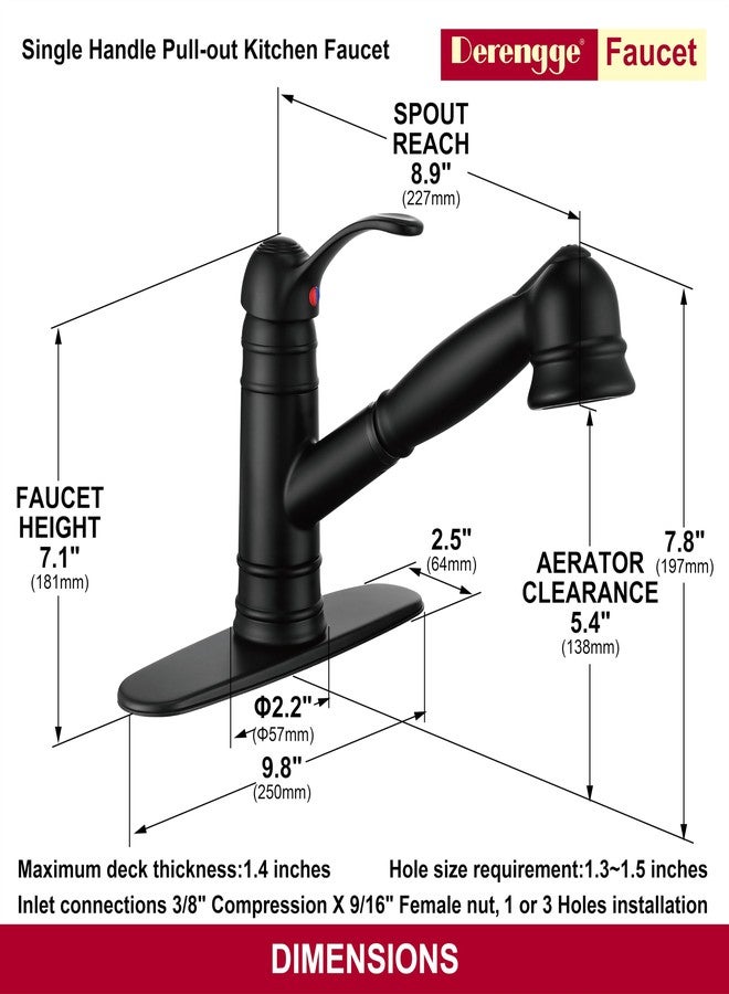 Derengge Matte Black Kitchen Faucet,Single Handle Pull Out Kitchen Faucet with Deck Plate,1 Hole or 3 Hole Installation,KF-8125C-MT - Image 2