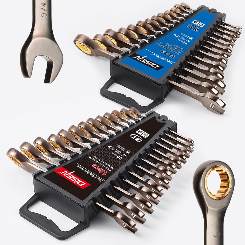 DISEN 26 Piece Ratcheting Wrenches Set 90 Teeth Combination Wrenches Set Metric 6MM19MM and SAE 14 Inch1316 Inch CrV Steel Ratchet Set Nickel Plating with Organizer Visit the Store