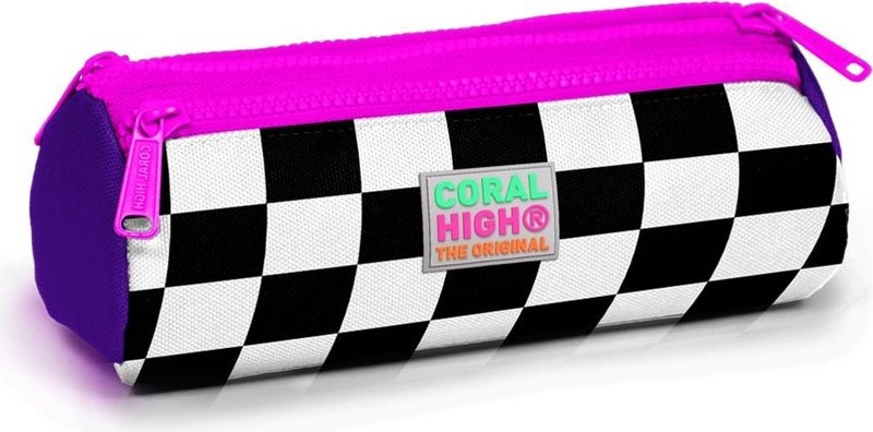 CORAL HIGH Kids Purple Checkerboard Patterned Three Compartment Pencil Bag 22002 