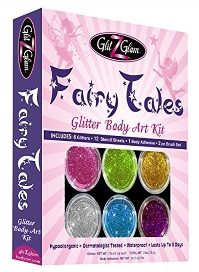 GlitZGlam طقم تاتو لامع من حكايات خرافية مع 6 لامعات كبيرة و 12 قوالب مذهلة - مضاد للحساسية ومختبر من قبل أطباء الجلد! - تاتو مؤقت وفن الجسم - Image 1