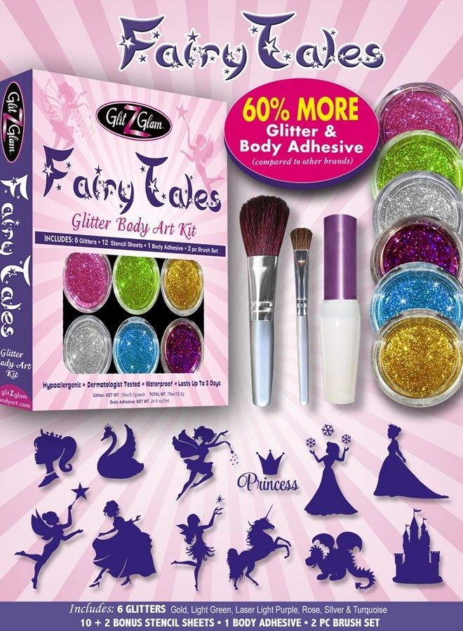 GlitZGlam طقم تاتو لامع من حكايات خرافية مع 6 لامعات كبيرة و 12 قوالب مذهلة - مضاد للحساسية ومختبر من قبل أطباء الجلد! - تاتو مؤقت وفن الجسم - Image 2