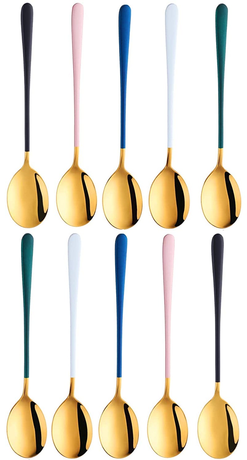 DHRUSIMI 8 Inch Soup Spoons Stainless Steel, Round Head Soup Spoons, Modern Thick Long Handle SUS304 Korean Spoon, Dinner Metal Spoons for Soup, Grain,Dessert,Milk,Tea,Coffee (Gold, Set of 10) - Image 1