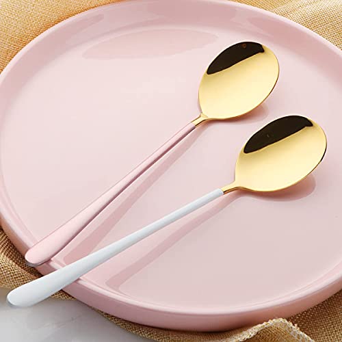DHRUSIMI 8 Inch Soup Spoons Stainless Steel, Round Head Soup Spoons, Modern Thick Long Handle SUS304 Korean Spoon, Dinner Metal Spoons for Soup, Grain,Dessert,Milk,Tea,Coffee (Gold, Set of 10) - Image 2