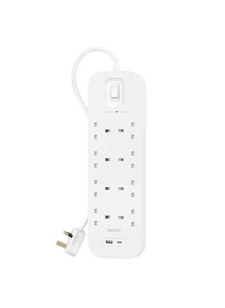 belkin - Belkin 8-Outlet Surge Protector Power Strip, Wall-Mountable with 8 AC Outlets, 2M Power Cord, & Green Indicator Light - USB-C Port & USB-A Port w/ USB-C PD Fast Charging 900 Joules of Protection - Image 1