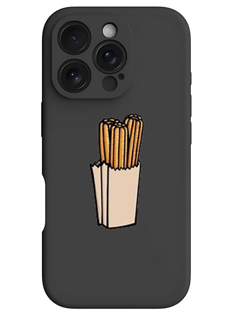 Theodor iPhone 16 Pro Black Protective Slim Fit Case Liquid Silicone Cover with Full Body Protection Anti-Scratch Shockproof Case For iPhone - Dessert Churos - Image 1
