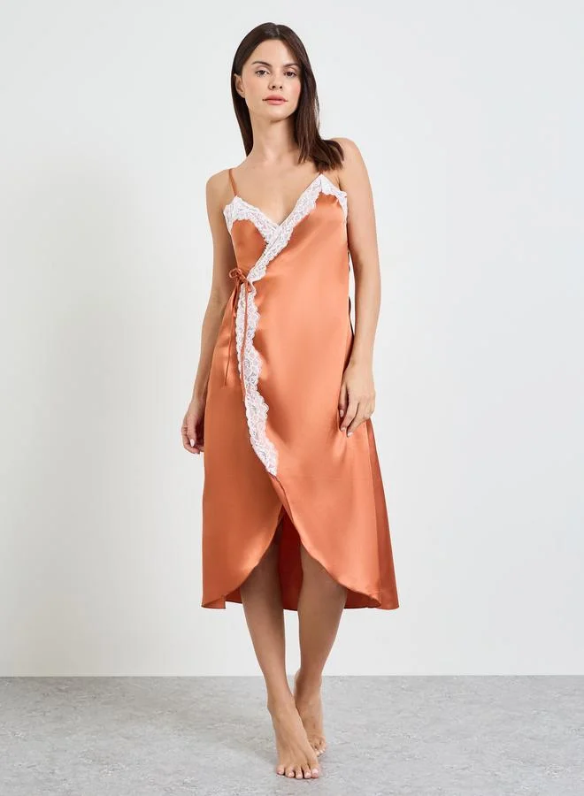 Take Two Rust Lace Trim Wrap Slip Dress
