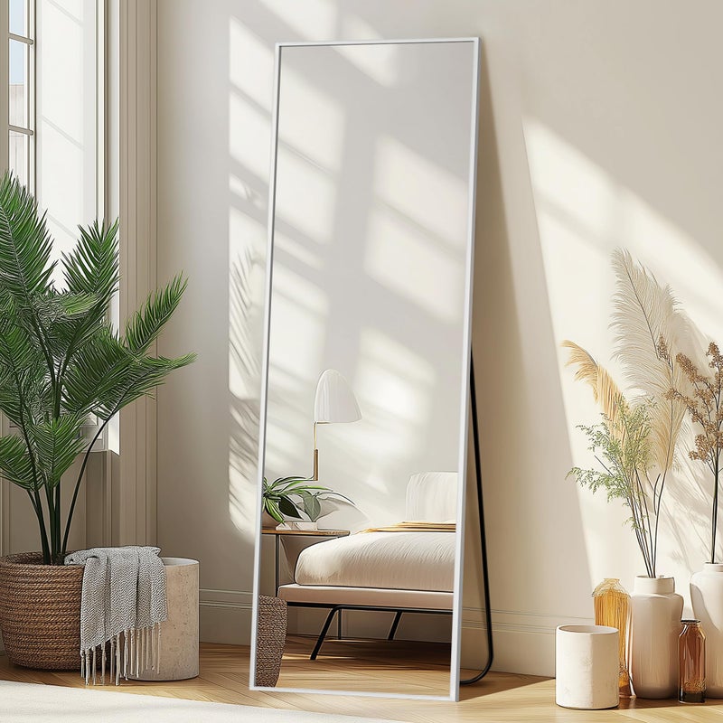 Delma Full Length Mirror,Large Floor Mirror with Aluminum Frame for Bedroom, Bathroom, Living Room,Wall Mount or Freestanding Design(with Stand,Rect 56x15-Silve) - Image 1