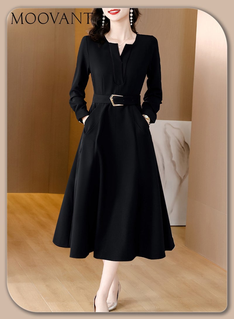 Moovant Fashion Long-sleeved Dress for Women, V Neck, Elegant Shirt Dress, High Waist Slimming with Belt, Black - Image 1