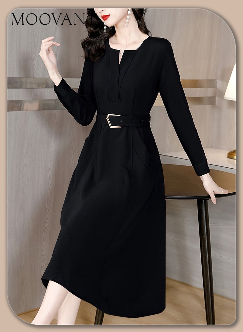 Moovant Fashion Long-sleeved Dress for Women, V Neck, Elegant Shirt Dress, High Waist Slimming with Belt, Black - Image 2