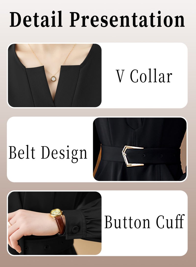 Moovant Fashion Long-sleeved Dress for Women, V Neck, Elegant Shirt Dress, High Waist Slimming with Belt, Black - Image 4