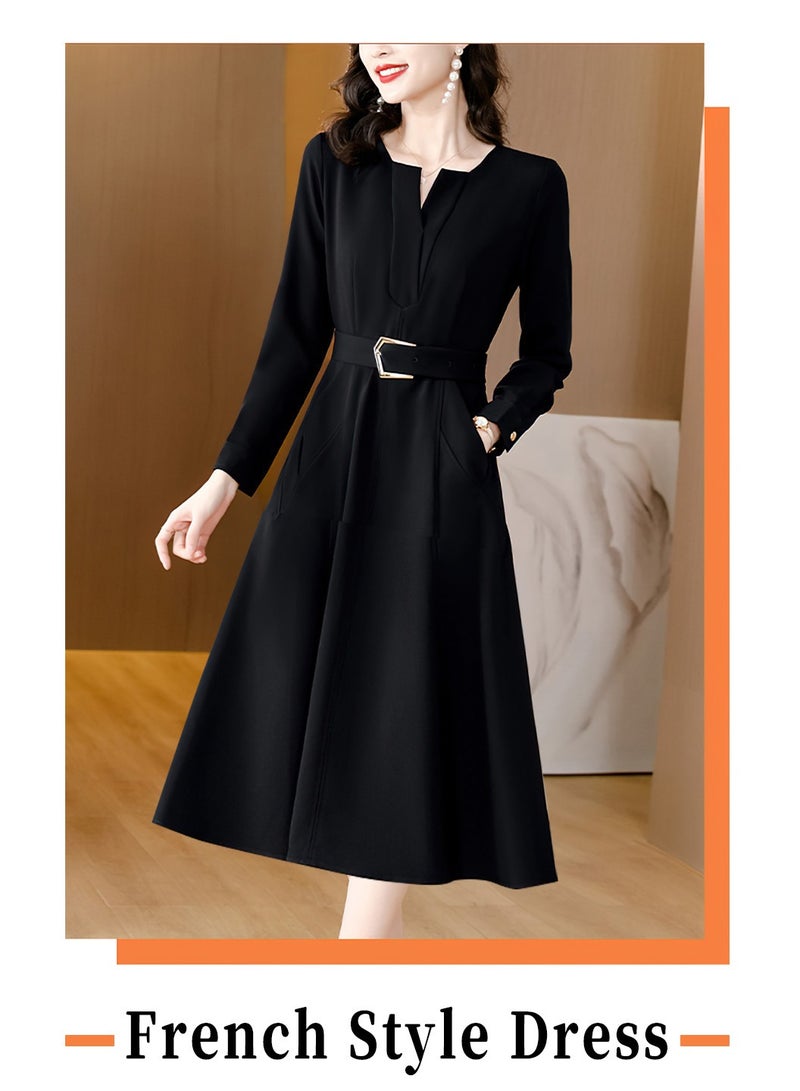 Moovant Fashion Long-sleeved Dress for Women, V Neck, Elegant Shirt Dress, High Waist Slimming with Belt, Black - Image 3
