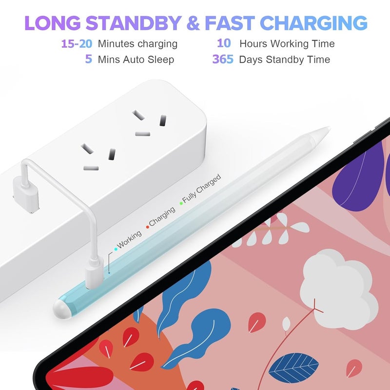 JAMJAKE قلم ستايلس لجهاز آيباد الجيل 11 و10 - شحن سريع 2X قلم نشط متوافق مع آيباد برو 11"/12.9"/M4، آيباد إير 3/4/5/M2/M3، آيباد 6-11، آيباد ميني 5/6 - أبيض أزرق - Image 5