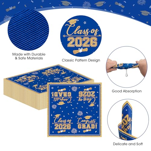 PERFQU 50 Pcs Graduation Napkins Class of 2026 - Blue Gold Congrats Grad Napkins Set, 3-Ply Disposable Graduation Luncheon Dinner Party Paper Napkins for Graduations Party Supplies Table Decoration - Image 5