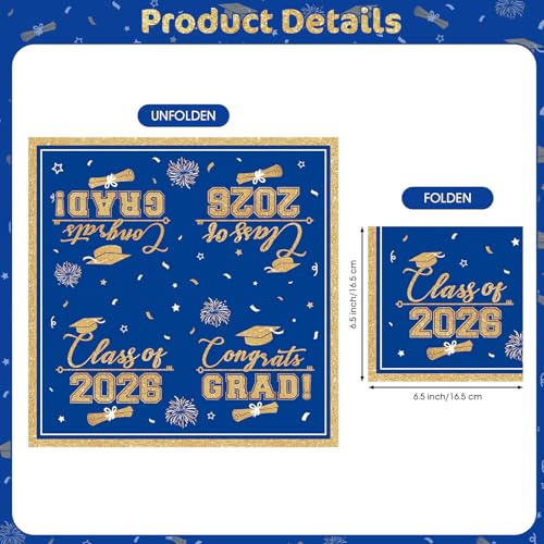 PERFQU 50 Pcs Graduation Napkins Class of 2026 - Blue Gold Congrats Grad Napkins Set, 3-Ply Disposable Graduation Luncheon Dinner Party Paper Napkins for Graduations Party Supplies Table Decoration - Image 4