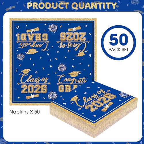 PERFQU 50 Pcs Graduation Napkins Class of 2026 - Blue Gold Congrats Grad Napkins Set, 3-Ply Disposable Graduation Luncheon Dinner Party Paper Napkins for Graduations Party Supplies Table Decoration - Image 3