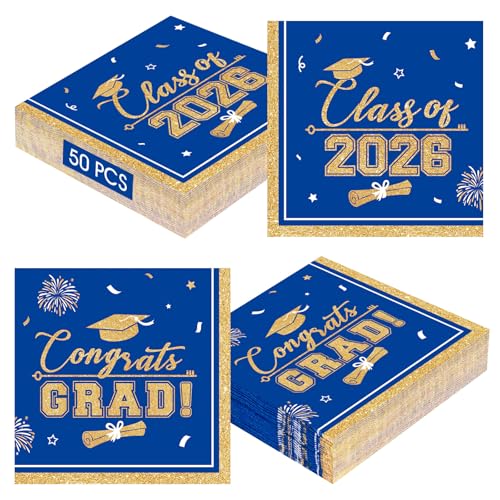 PERFQU 50 Pcs Graduation Napkins Class of 2026 - Blue Gold Congrats Grad Napkins Set, 3-Ply Disposable Graduation Luncheon Dinner Party Paper Napkins for Graduations Party Supplies Table Decoration - Image 1