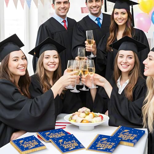 PERFQU 50 Pcs Graduation Napkins Class of 2026 - Blue Gold Congrats Grad Napkins Set, 3-Ply Disposable Graduation Luncheon Dinner Party Paper Napkins for Graduations Party Supplies Table Decoration - Image 2
