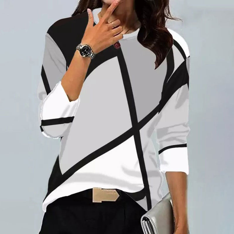 European and American Cross-Border Women's New Shirts Supports Retro Geometric Print Round Neck Long-Sleeved T-Shirts for Various Platforms - Image 4