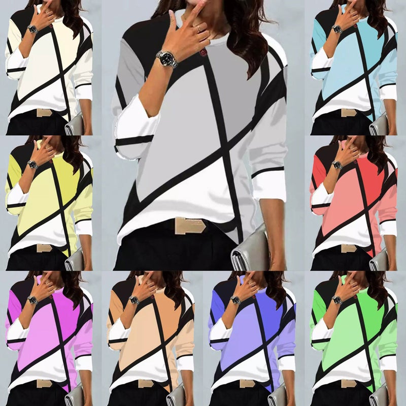 European and American Cross-Border Women's New Shirts Supports Retro Geometric Print Round Neck Long-Sleeved T-Shirts for Various Platforms - Image 2