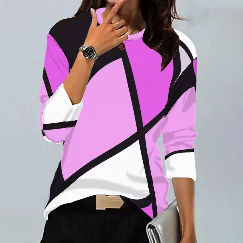 European and American Cross-Border Women's New Shirts Supports Retro Geometric Print Round Neck Long-Sleeved T-Shirts for Various Platforms - Image 5