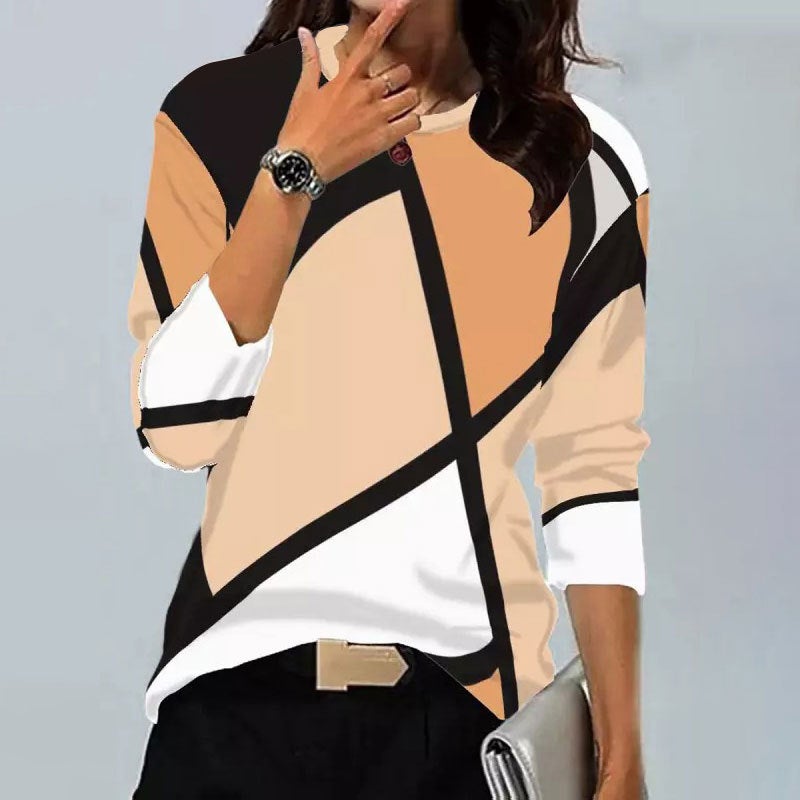 European and American Cross-Border Women's New Shirts Supports Retro Geometric Print Round Neck Long-Sleeved T-Shirts for Various Platforms - Image 1