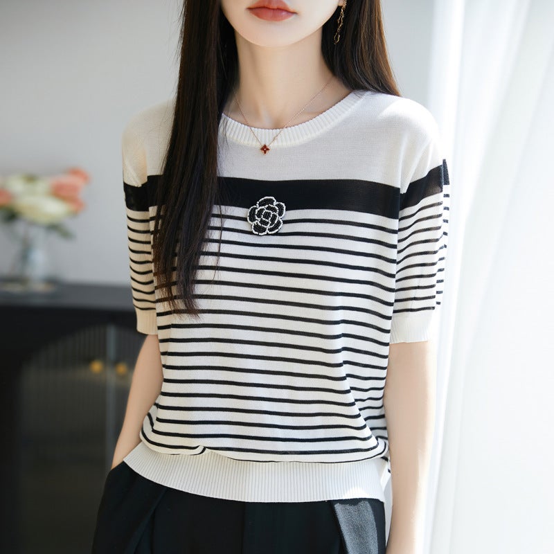 Summer Crewneck Striped Knitted Short-Sleeved Women'S 100 Lyocell Tencel Top New Fashionable Loose T-Shirt - Image 5