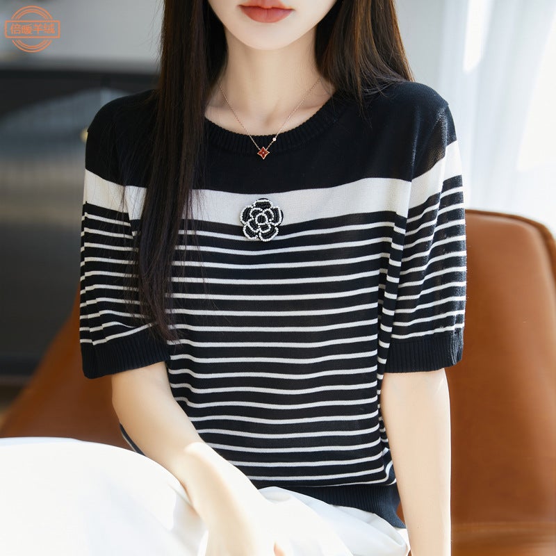 Summer Crewneck Striped Knitted Short-Sleeved Women'S 100 Lyocell Tencel Top New Fashionable Loose T-Shirt - Image 2