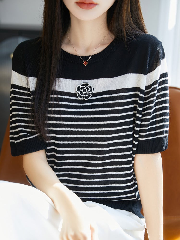 Summer Crewneck Striped Knitted Short-Sleeved Women'S 100 Lyocell Tencel Top New Fashionable Loose T-Shirt - Image 1