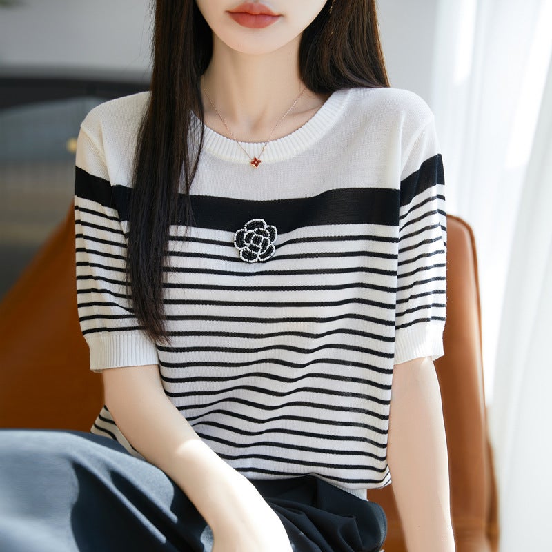 Summer Crewneck Striped Knitted Short-Sleeved Women'S 100 Lyocell Tencel Top New Fashionable Loose T-Shirt - Image 3