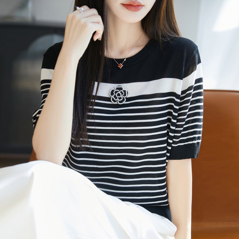 Summer Crewneck Striped Knitted Short-Sleeved Women'S 100 Lyocell Tencel Top New Fashionable Loose T-Shirt - Image 4