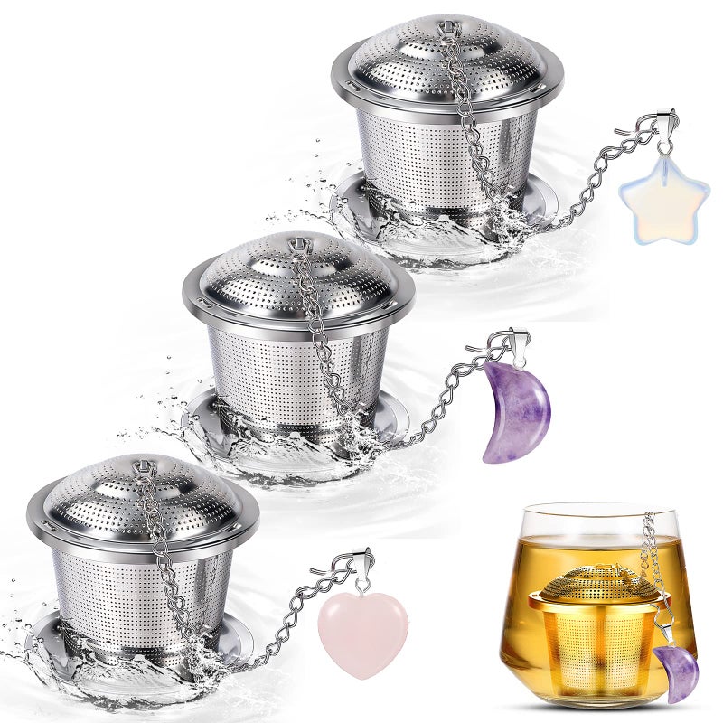 Chengu 3 Sets Tea Infusers Steeper for Loose Leaf Tea Holder Stainless Steel Tea Ball Mesh Strainer Filters with Drip Trays and PendantElegant Style