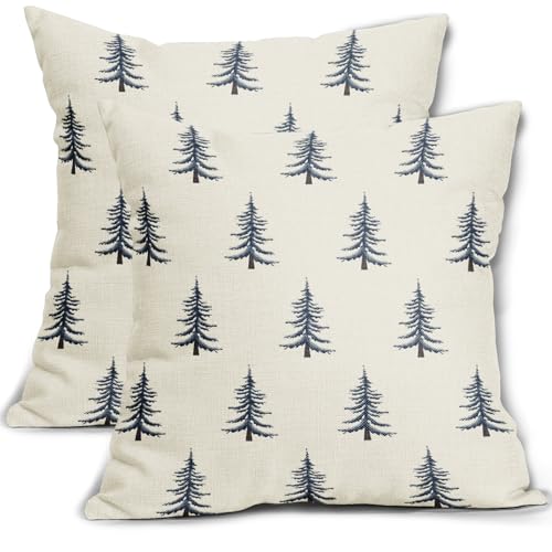 Sivirary Christmas Pillow Covers 18x18 Inch Set of 2 Xmas Tree Blue Cream Decorative Throw Pillowcases Outdoor Winter Farmhouse Holiday Cushion Cases Decor for Sofa Couch Bed - Image 1