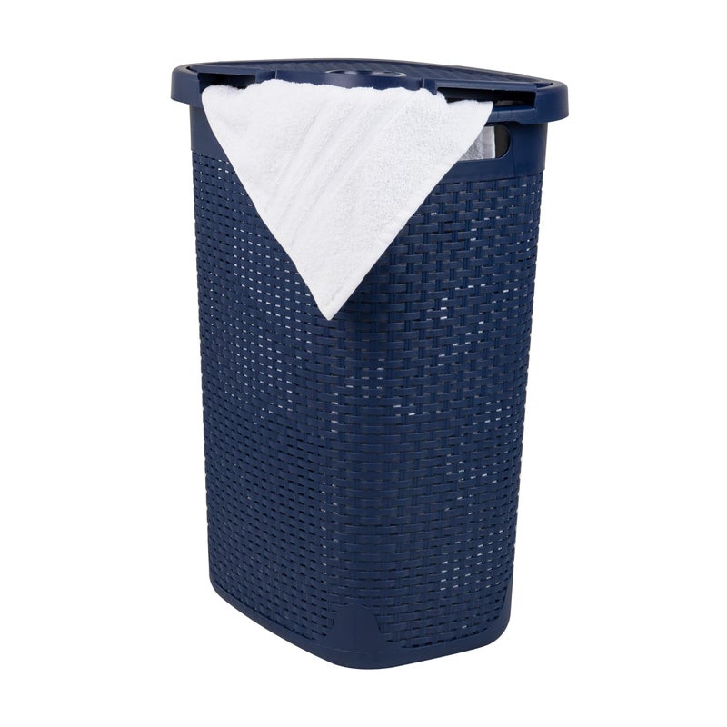 Mind Reader Slim Laundry Hamper with Lid 60L Clothes Basket Premium Wicker Design Plastic Navy