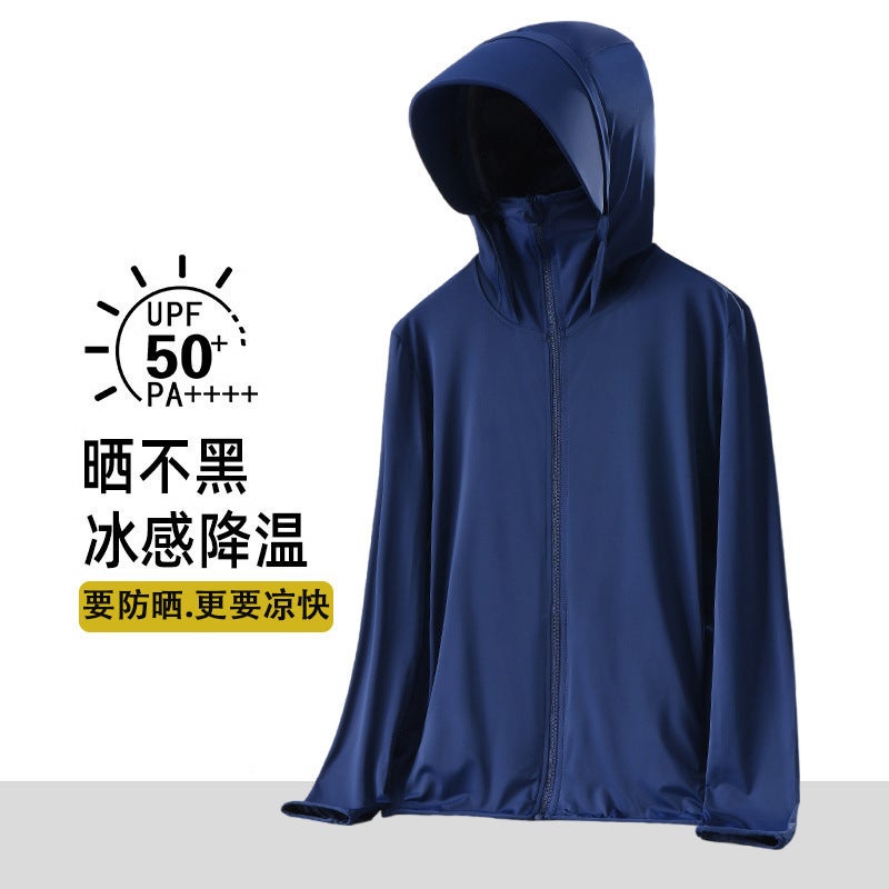 Generic Hooded Ice Silk Sun Protection Clothing Mens Plutton Handsome Jacket Summer Windbreaker Jacket Sun Protection Clothing High Street Outdoor American Style Thin Navy blue 