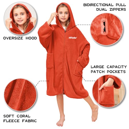 Hiturbo Kids Bath Towel Hoodie: Soft Plush Zipper Surf Poncho - Warm Fleece Changing Towels Swimming Outerwear (Orange) - Image 3