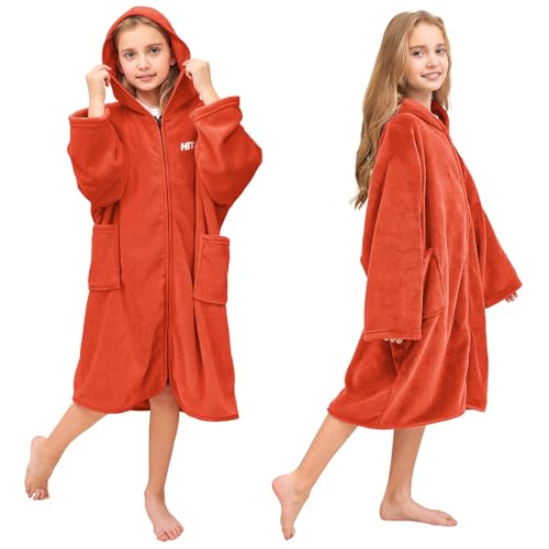 Hiturbo Kids Bath Towel Hoodie: Soft Plush Zipper Surf Poncho - Warm Fleece Changing Towels Swimming Outerwear (Orange) - Image 5