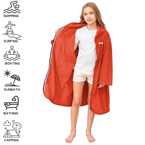 Hiturbo Kids Bath Towel Hoodie: Soft Plush Zipper Surf Poncho - Warm Fleece Changing Towels Swimming Outerwear (Orange) - Image 4