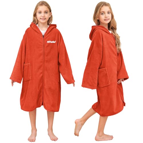 Hiturbo Kids Bath Towel Hoodie: Soft Plush Zipper Surf Poncho - Warm Fleece Changing Towels Swimming Outerwear (Orange) - Image 1