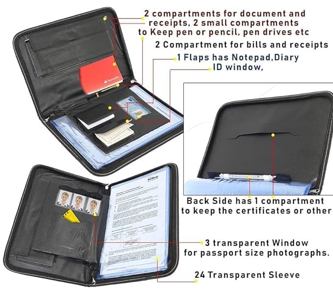VERAT File Folder/Certificates/Documents Holder/Document Bag/Portfolio/Expanding File/Executive File/Coloured File Folders/Leaf/Leather/Executive Folder/Multipurpose(Black) - Image 4