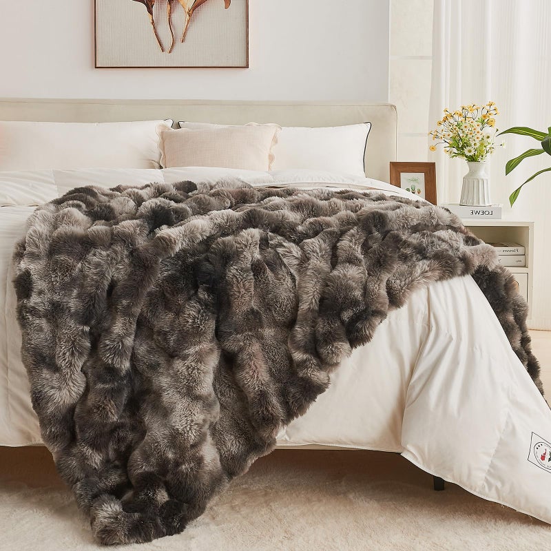 Lotus Karen Lotus Karen Queen Size Faux Fur Blanket Tie-Dye Dark Gray - Big Bubble Rabbit Fluff Blanket for Bed  Large Fluffy Fuzzy Cozy Blanket  Thick Furry Plush Shaggy Blankets  90x90 Inches  - Image 4
