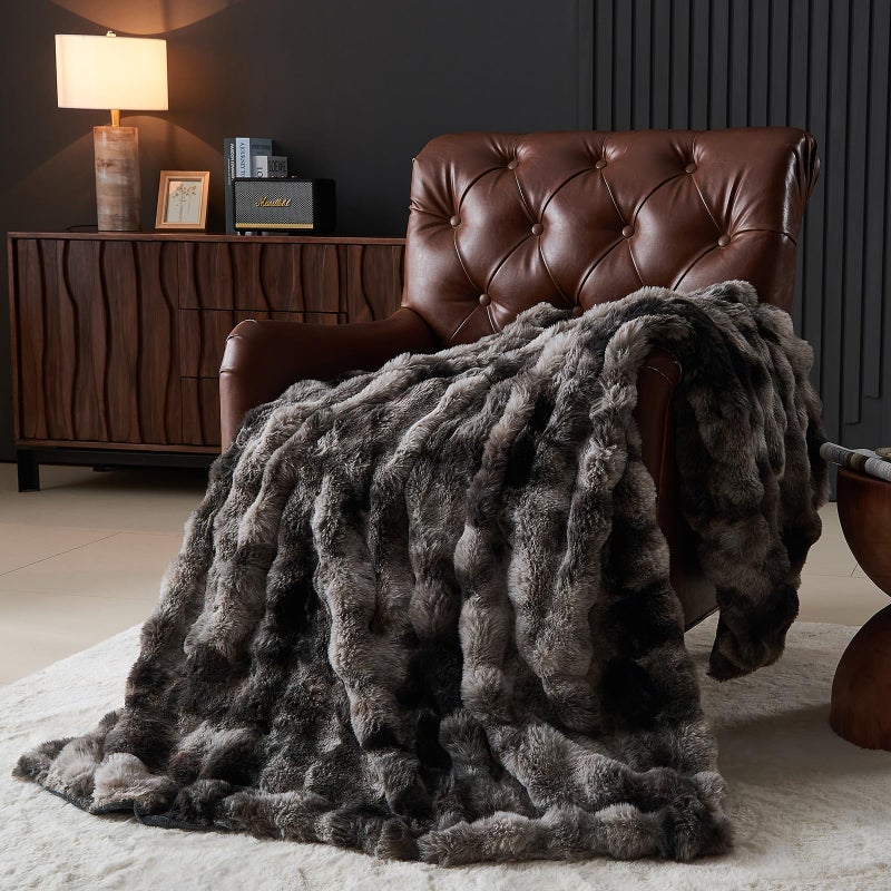 Lotus Karen Lotus Karen Queen Size Faux Fur Blanket Tie-Dye Dark Gray - Big Bubble Rabbit Fluff Blanket for Bed  Large Fluffy Fuzzy Cozy Blanket  Thick Furry Plush Shaggy Blankets  90x90 Inches  - Image 2