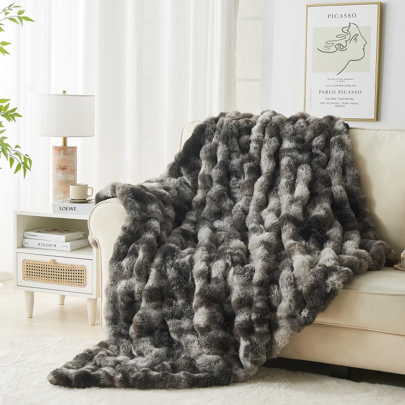 Lotus Karen Lotus Karen Queen Size Faux Fur Blanket Tie-Dye Dark Gray - Big Bubble Rabbit Fluff Blanket for Bed  Large Fluffy Fuzzy Cozy Blanket  Thick Furry Plush Shaggy Blankets  90x90 Inches  - Image 3